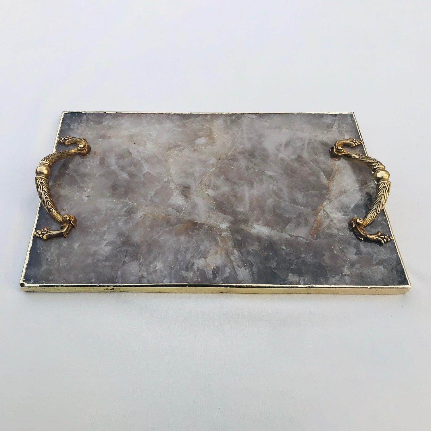 Smoky Quartz Agate  Serving Tray With Brass Handles The Tangerine Store