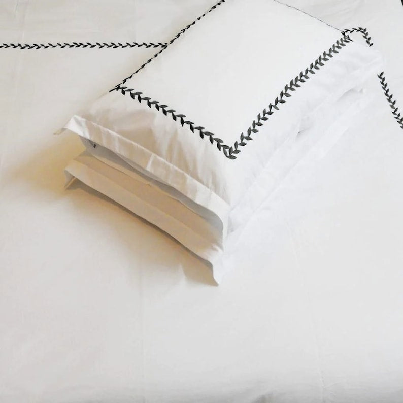 Willow Leaves - Pure Linen Embroidered Edge Duvet Cover Sets The Tangerine Store