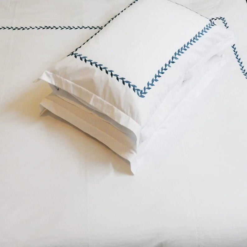 Willow Leaves - Pure Linen Embroidered Edge Duvet Cover Sets The Tangerine Store