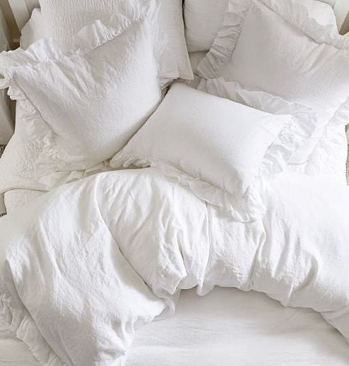 White - 100% Pure Linen | Linen Cotton Mix | 3 Piece Ruffle Duvet Cover Set | Handmade | Pre-washed | Soft The Tangerine Store
