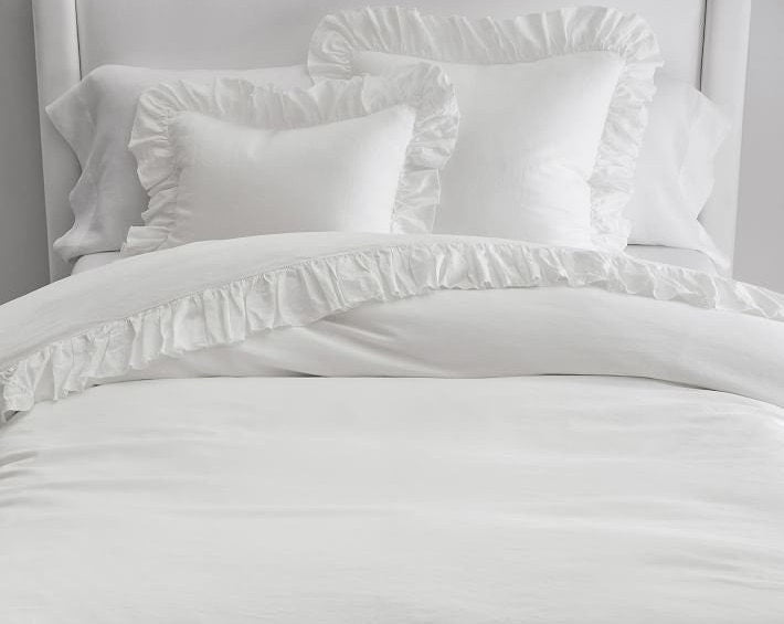White - 100% Pure Linen | Linen Cotton Mix | 3 Piece Ruffle Duvet Cover Set | Handmade | Pre-washed | Soft The Tangerine Store