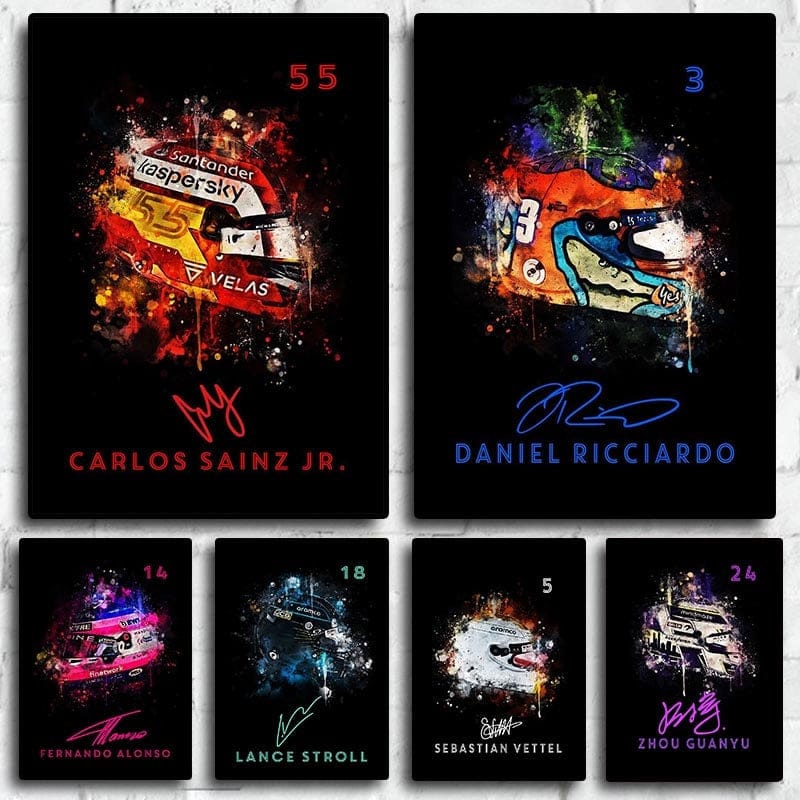 Poster Formel 1 Helm Aquarell Rennfahrer Name Unterschrift Rennnummer · Deko Print ohne Rahmen JUSTGOODMOOD